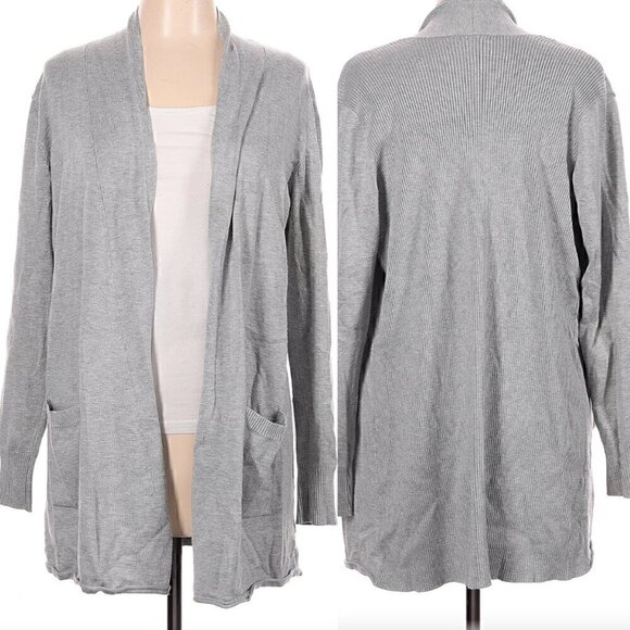 VERVE AMI Solid Gray Long Sleeve Open Front Rayon Classic Long Cardigan Sweater - Picture 1 of 11